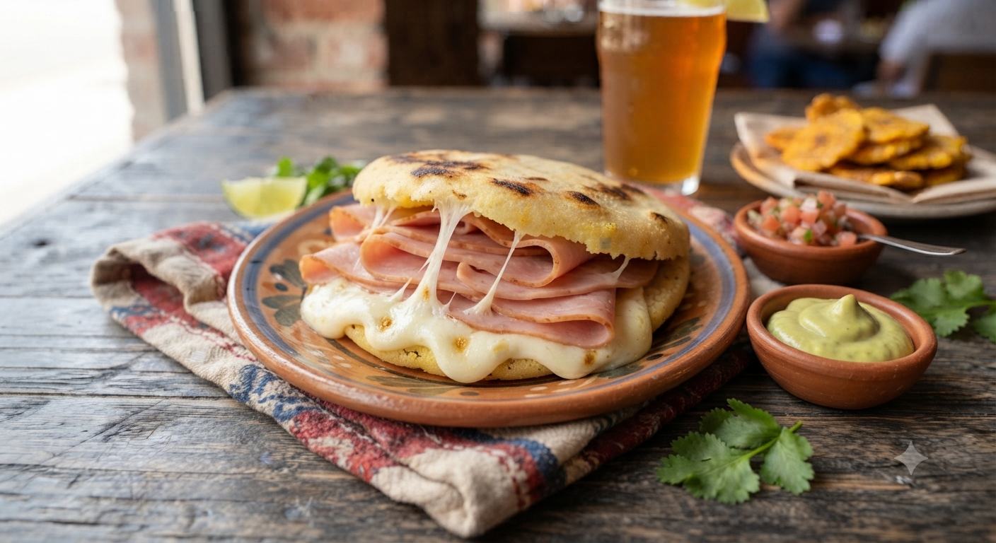 Stuffed ham and cheese arepa illustration